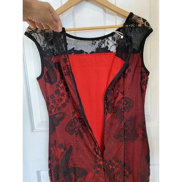 Kenancy NEW Whimsigoth Dark Fairycore Dress Sz L Red Black Lace Rose Butterflies - Picture 9 of 16